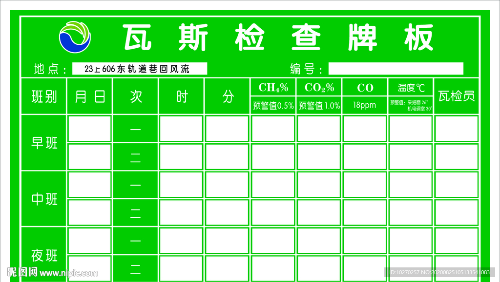 瓦斯 检查牌板 早班 中班 夜