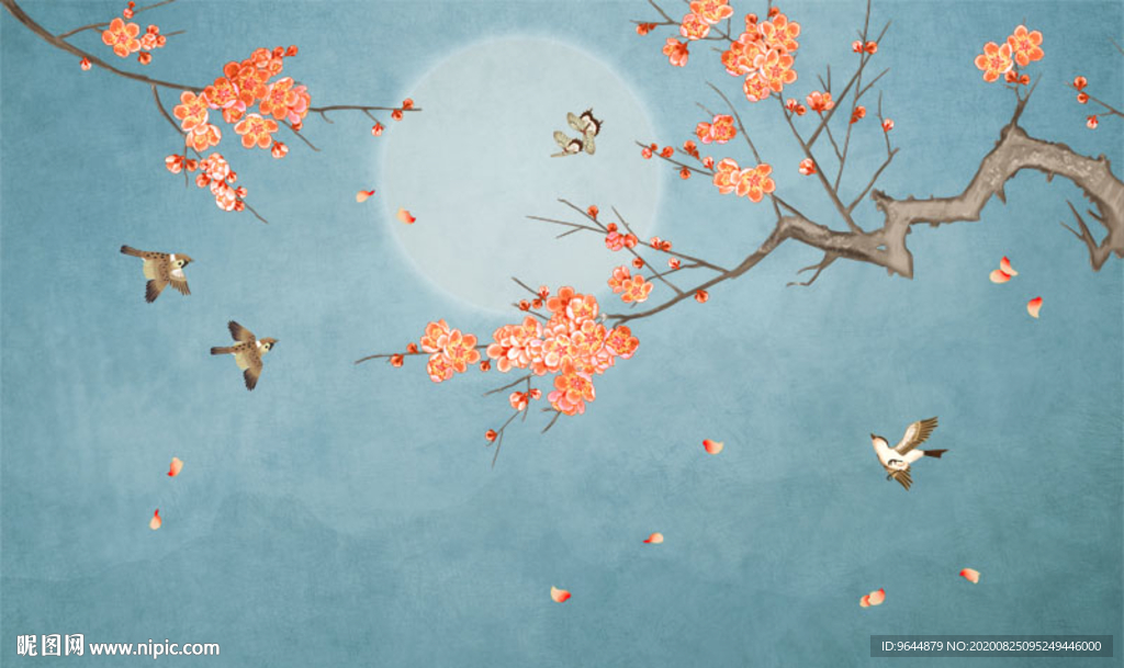 手绘工笔花鸟中式背景墙