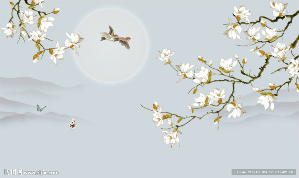 中式手绘玉兰工笔花鸟背景墙