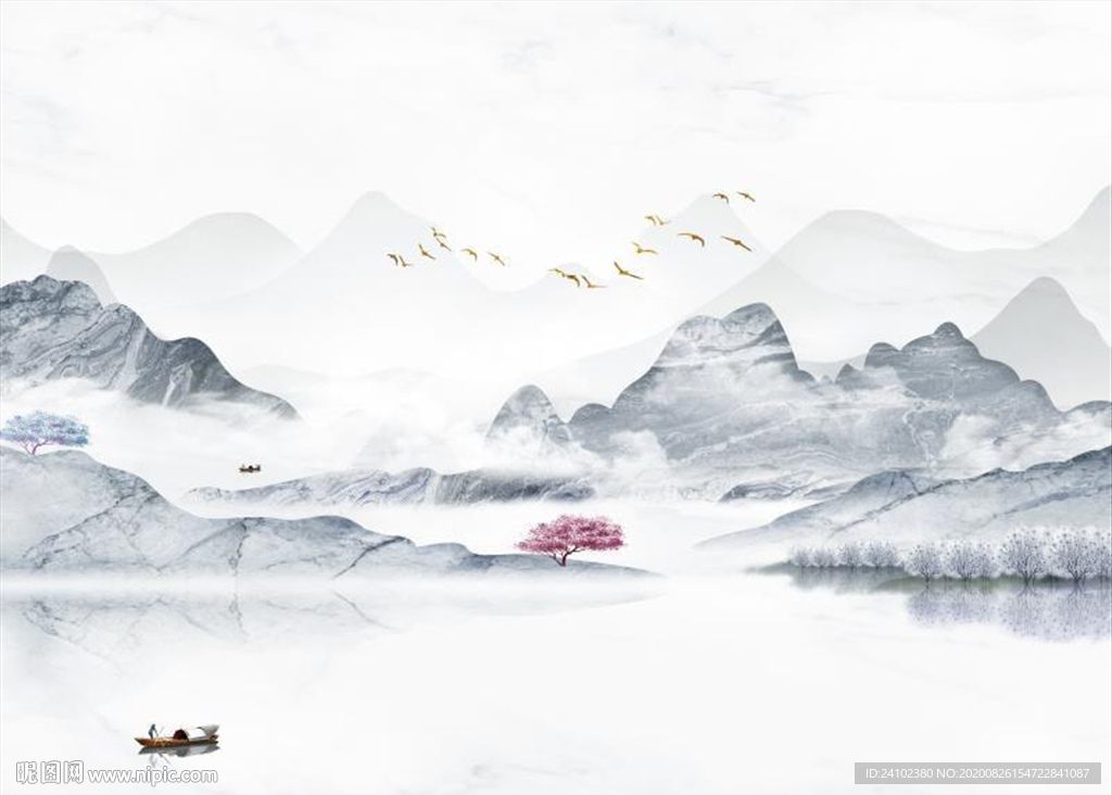 现代石纹意境冰山蓝色远山飞鸟