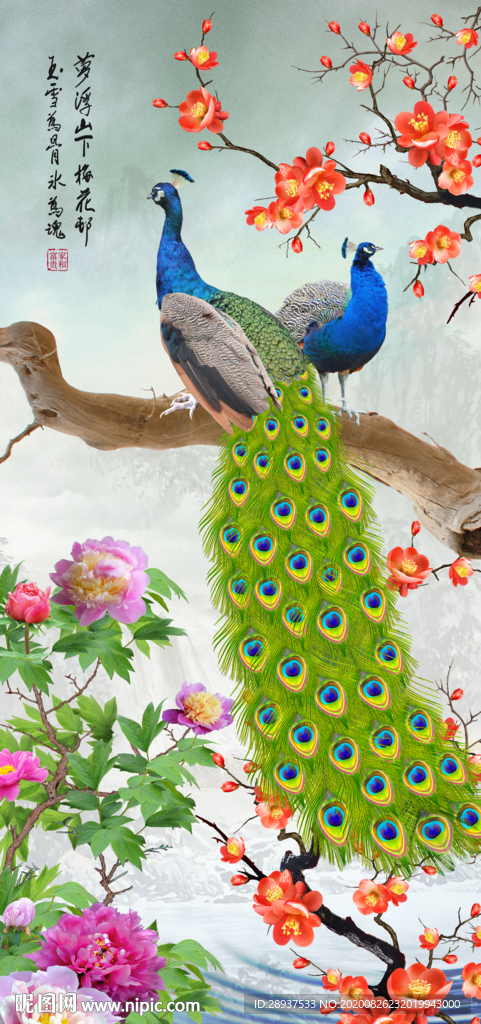 原创花鸟中式玄关背景墙孔雀图