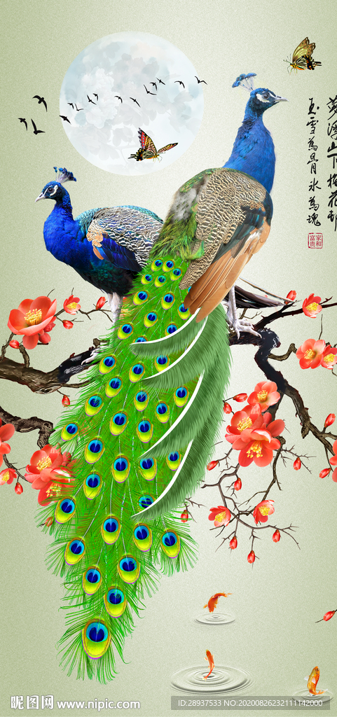 原创花鸟中国风中式孔雀玄关壁画