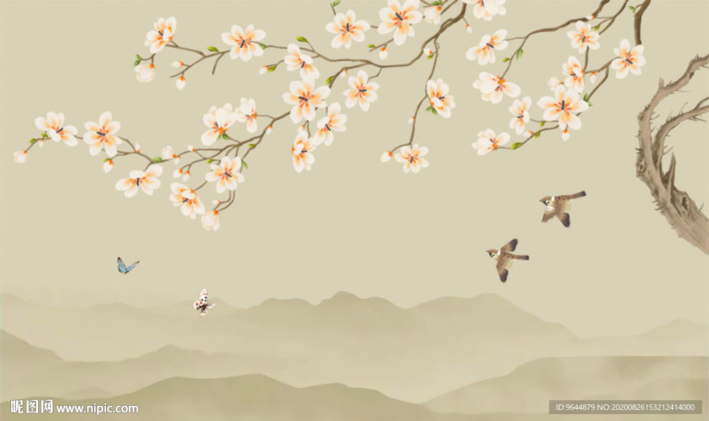 新中式手绘工笔玉兰山水花鸟壁画