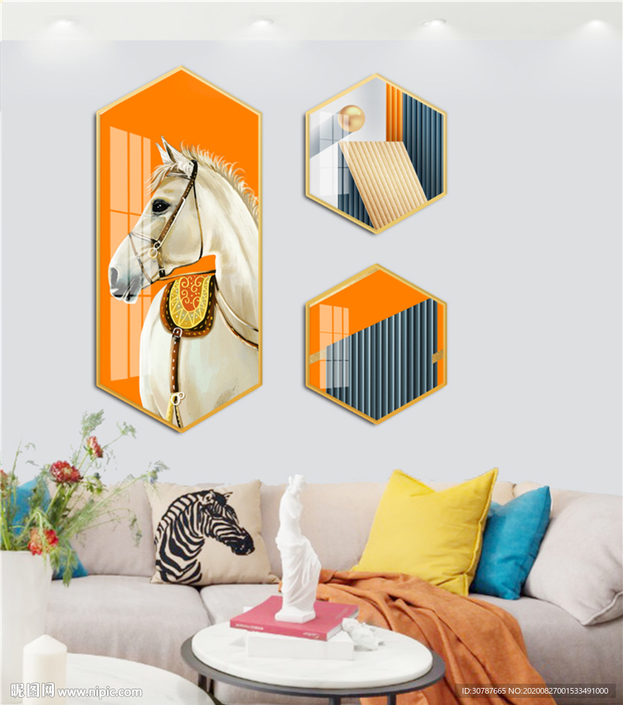 六边形橙色马组合晶瓷画