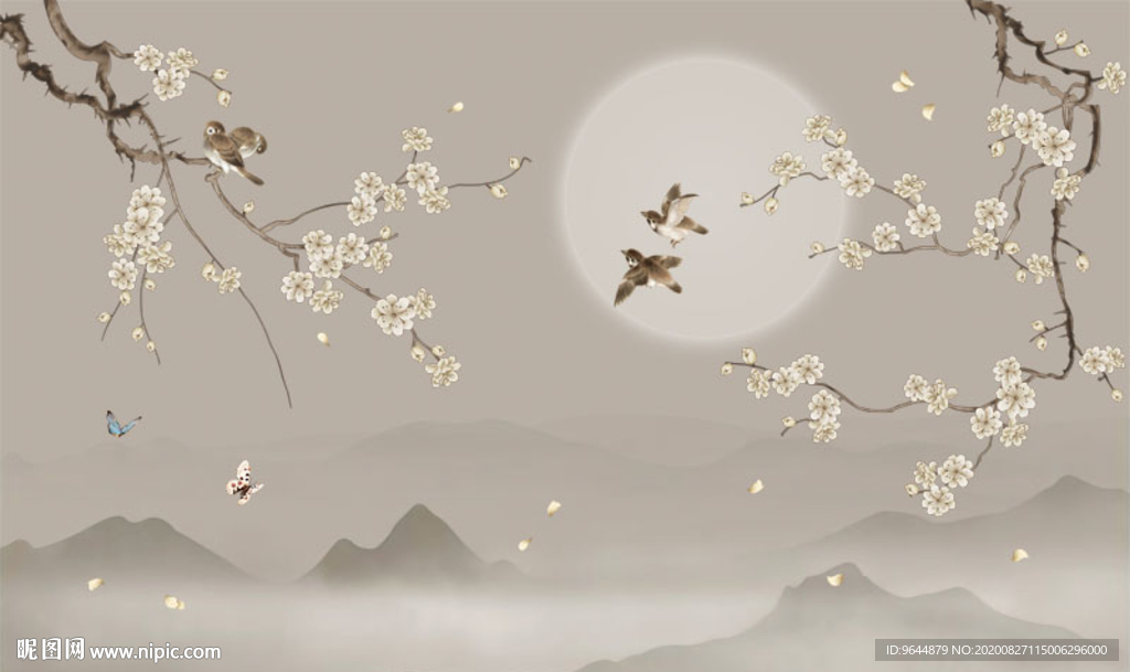 手绘工笔梅花花鸟山水中式壁画