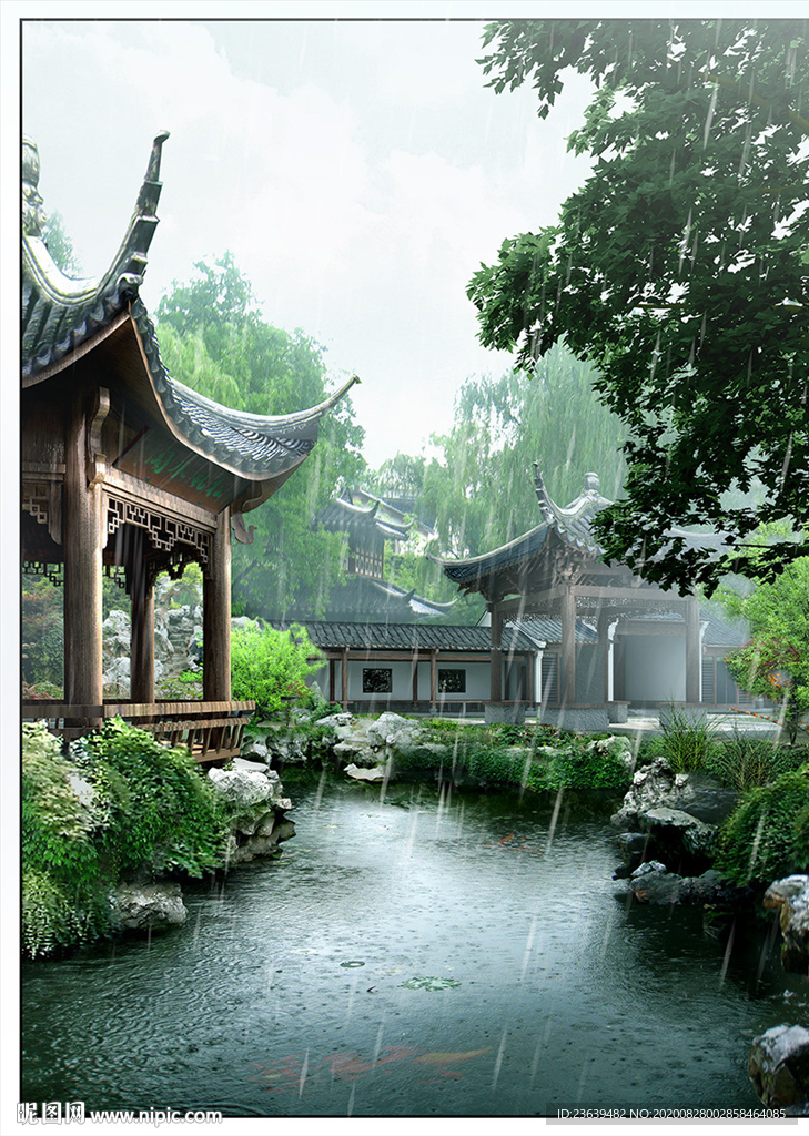 古典园林雨景效果图