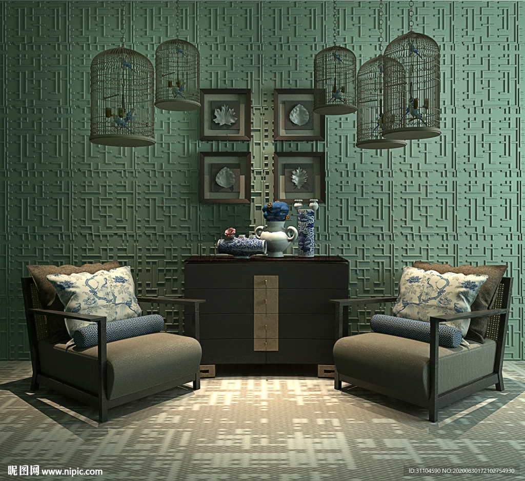 中式文化墙边柜沙发组合