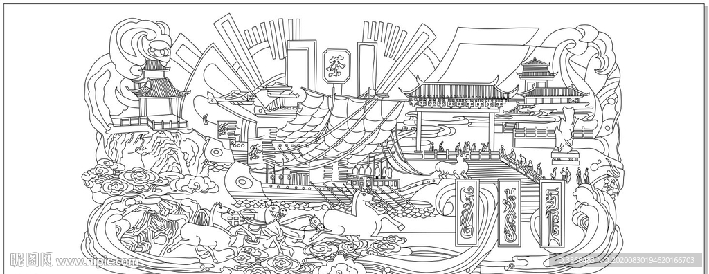 丝绸之路之茶文化浮雕壁画线稿2