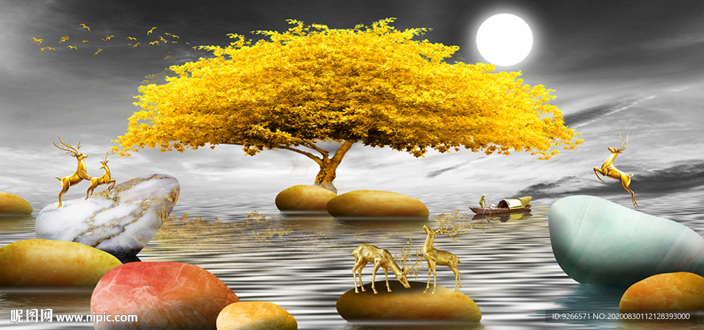 石来运转麋鹿客厅卧室装饰画