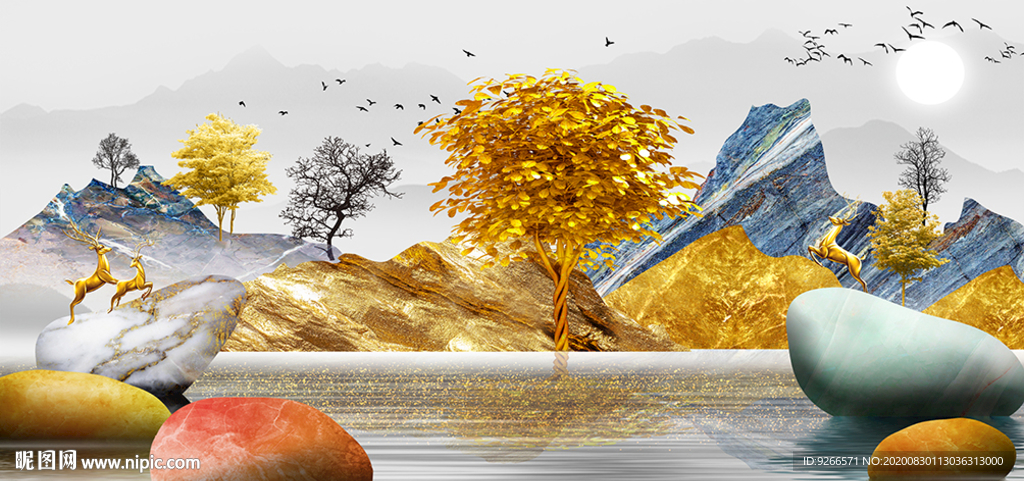 石来运转麋鹿客厅卧室装饰画