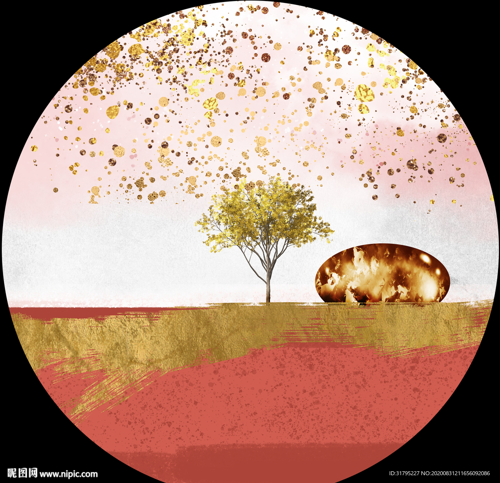 金箔色块麋鹿圆形餐晶瓷装饰画