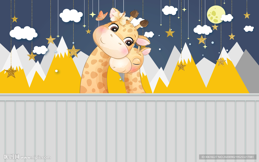 北欧卡通儿童房背景墙壁画