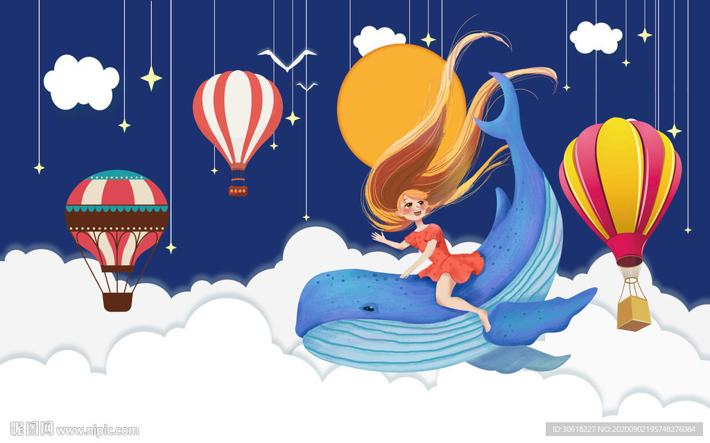 北欧卡通儿童房背景墙壁画