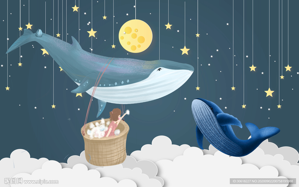 北欧卡通儿童房背景墙壁画