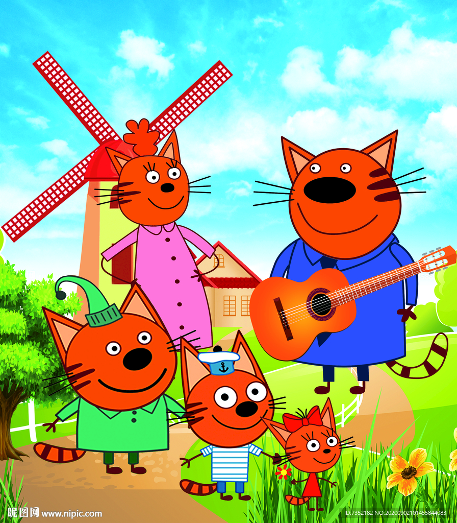 猫 吉它风车 草地 5个 动物