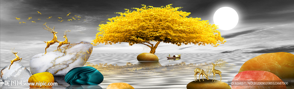 石来运转麋鹿客厅卧室横幅装饰画