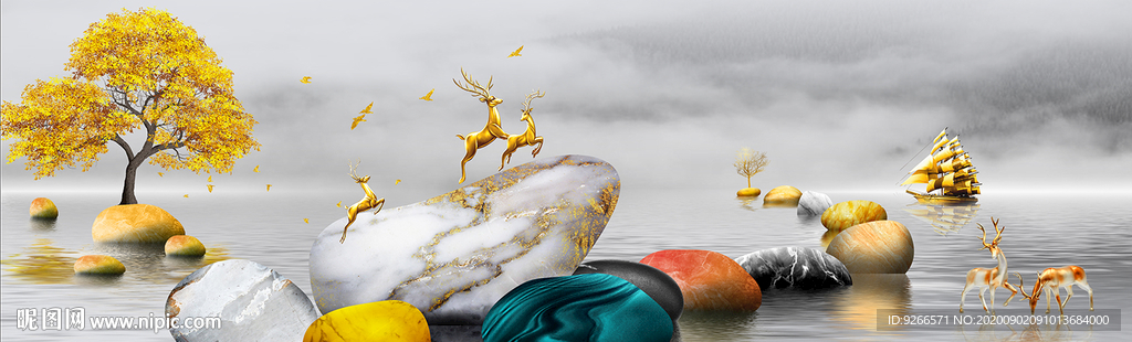 石来运转麋鹿客厅卧室横幅装饰画