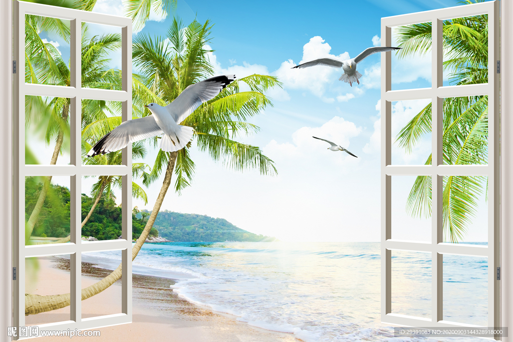 夏威夷海景房3D窗外风景背景墙