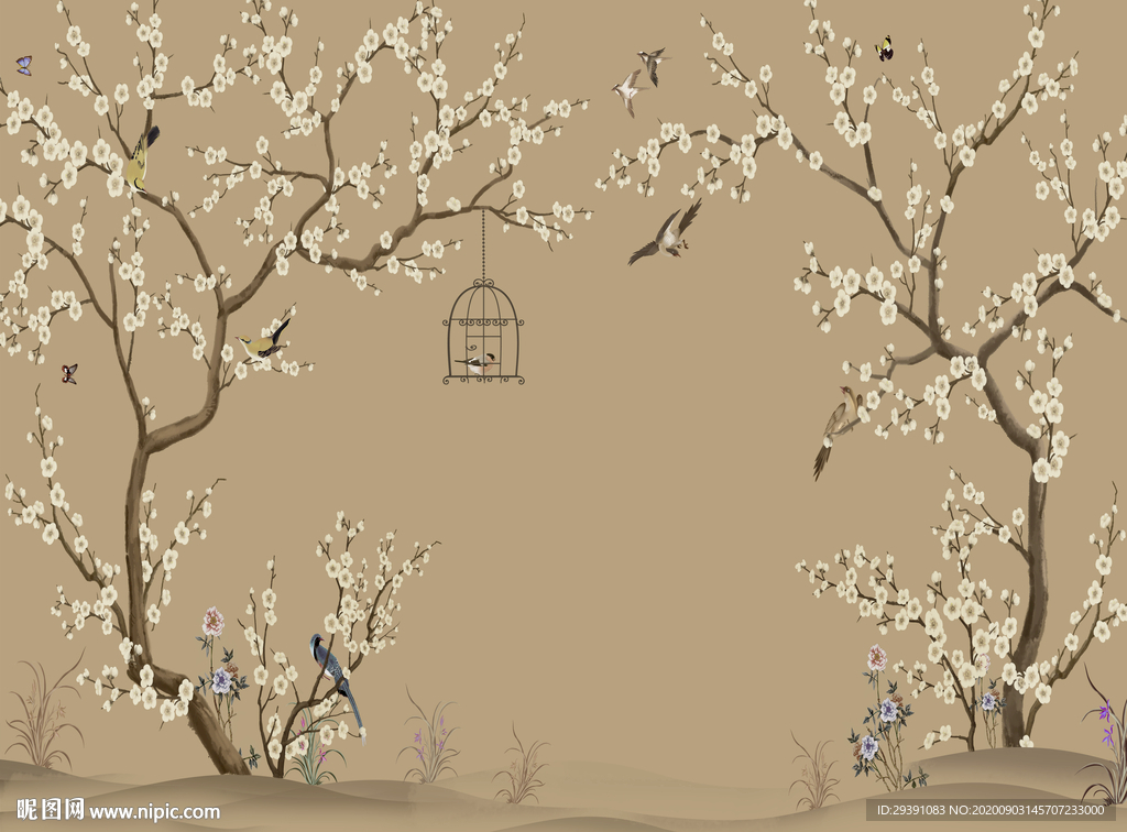 新中式梅花花鸟工笔手绘背景图片