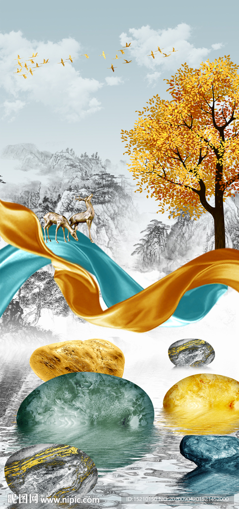 金色丝绸发财树玄关背景墙