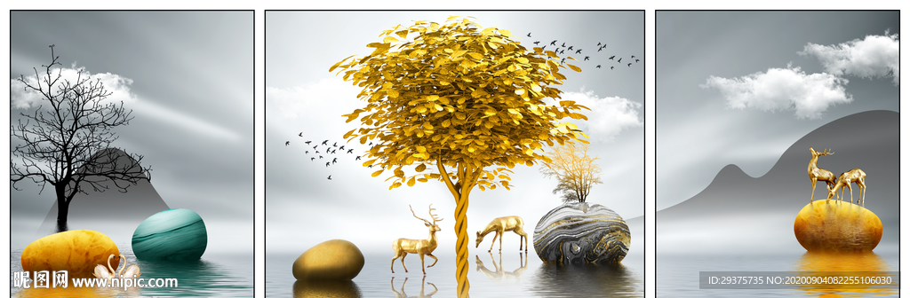 三联画北欧麋鹿