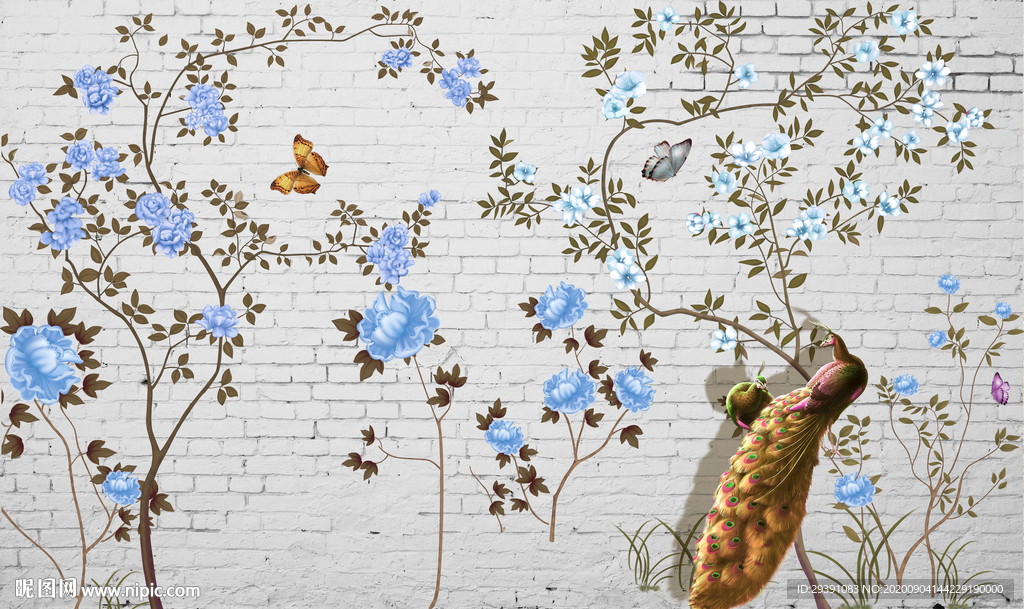 花开富贵中式砖墙玉兰花鸟背景图