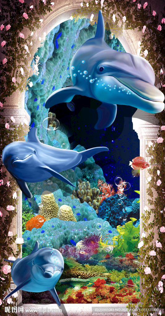 3D海豚海底世界玄关装饰画图片