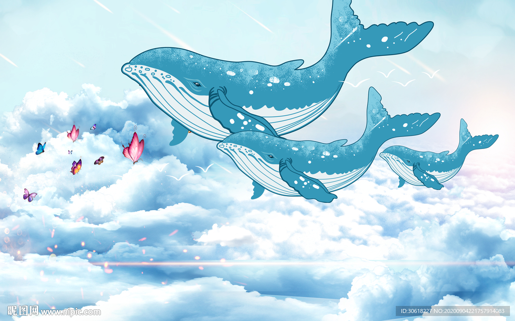 北欧手绘鲸鱼儿童房背景墙