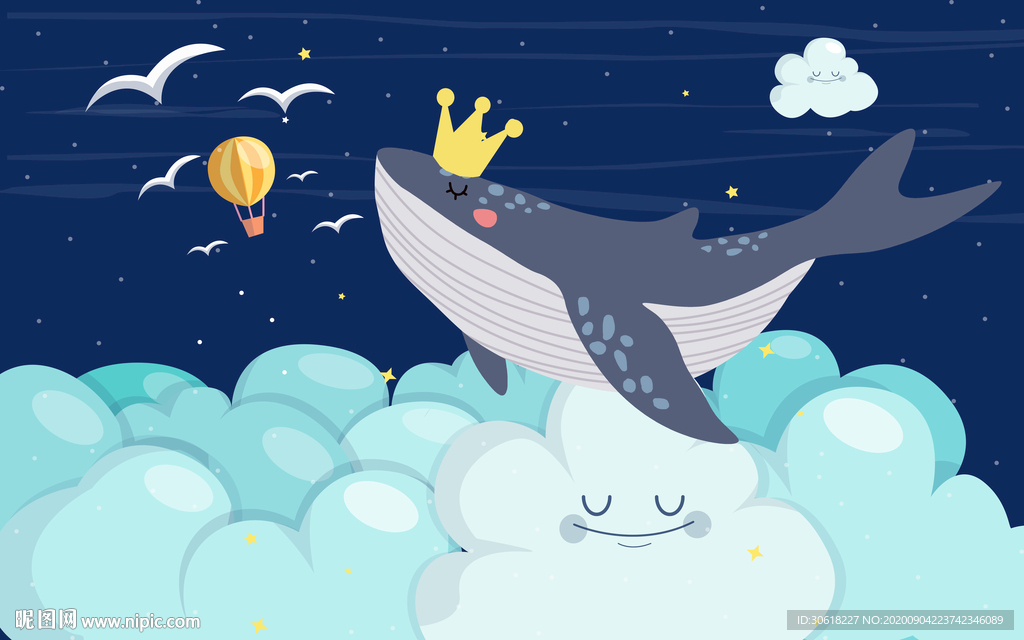 北欧手绘鲸鱼儿童房背景墙