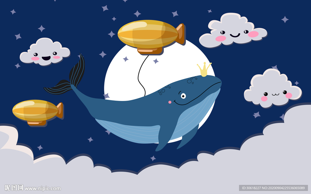 北欧手绘鲸鱼儿童房背景墙