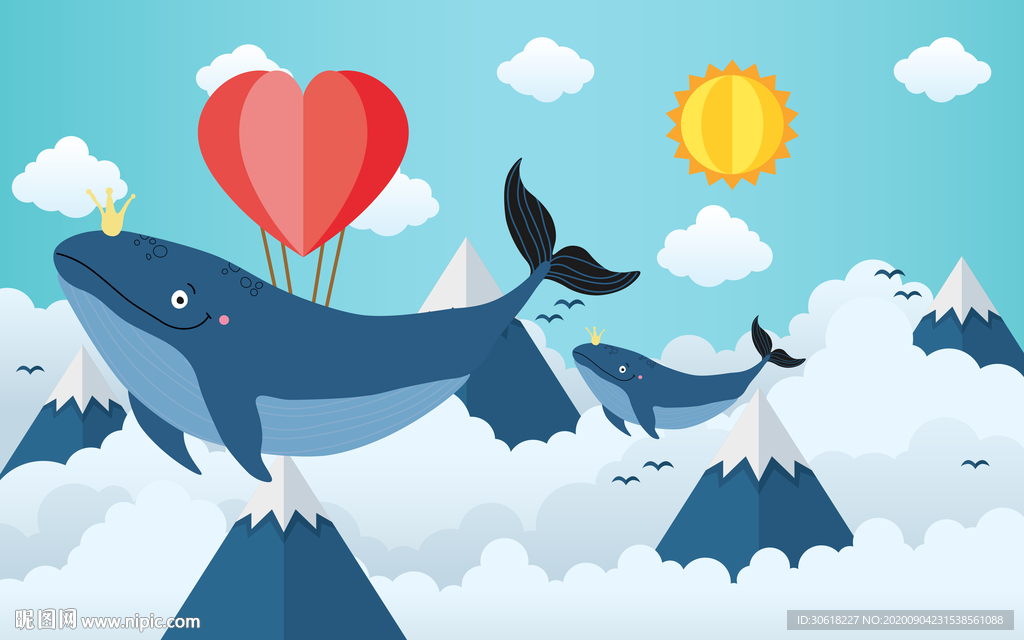 北欧手绘鲸鱼儿童房背景墙儿