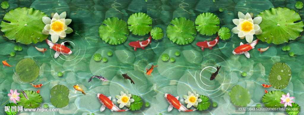 3D立体荷塘鲤鱼地板画