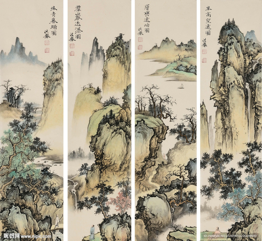 古典山水四副新中式装饰画
