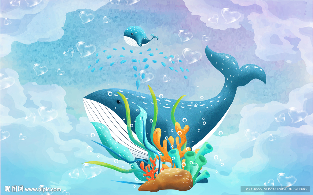 北欧手绘鲸鱼儿童房背景墙