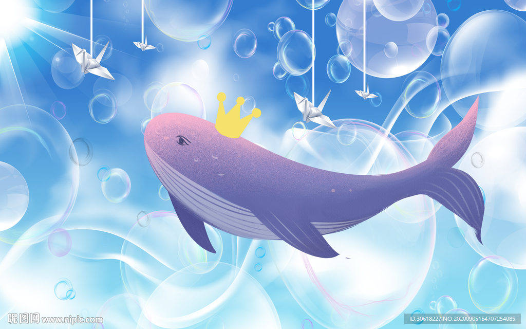 北欧手绘鲸鱼儿童房背景墙