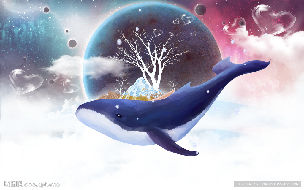 北欧手绘鲸鱼儿童房背景墙