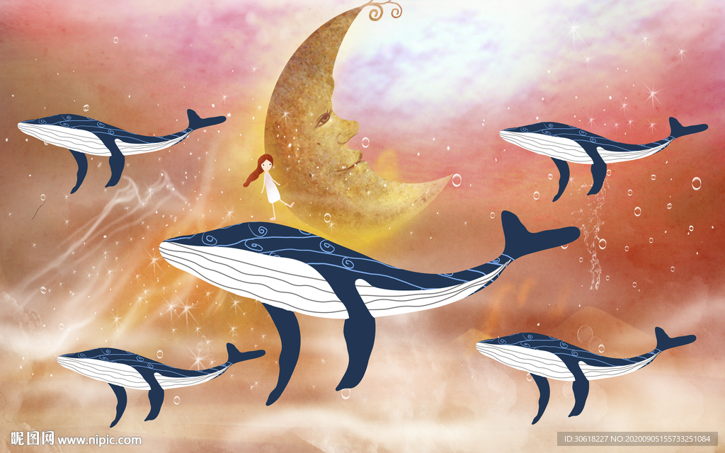 北欧手绘鲸鱼儿童房背景墙