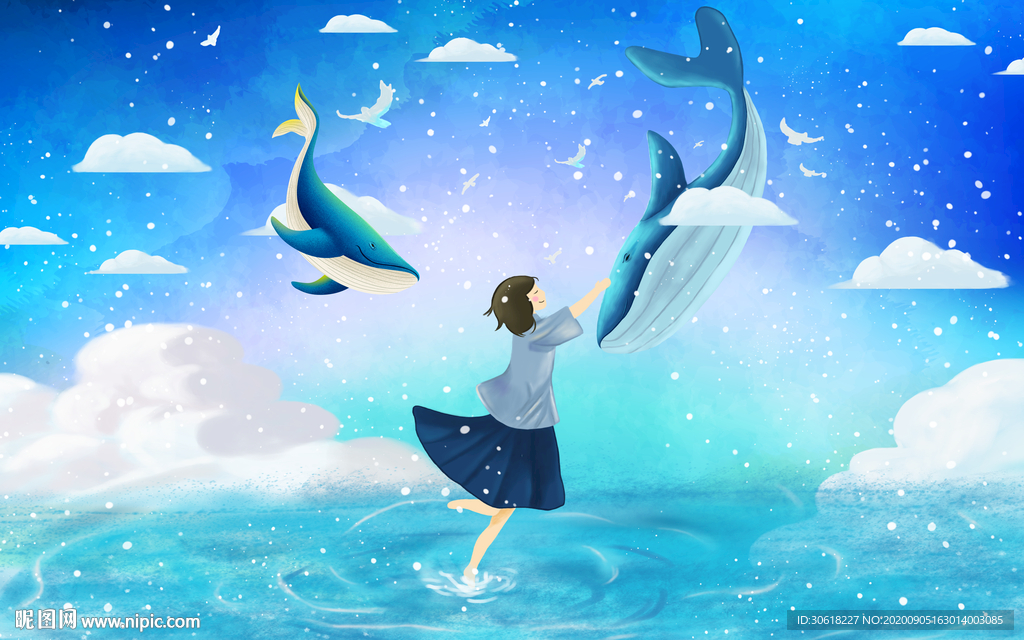 北欧手绘鲸鱼儿童房背景墙