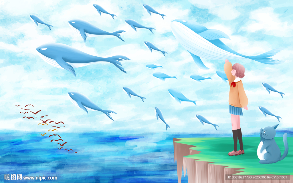 北欧手绘鲸鱼儿童房背景墙