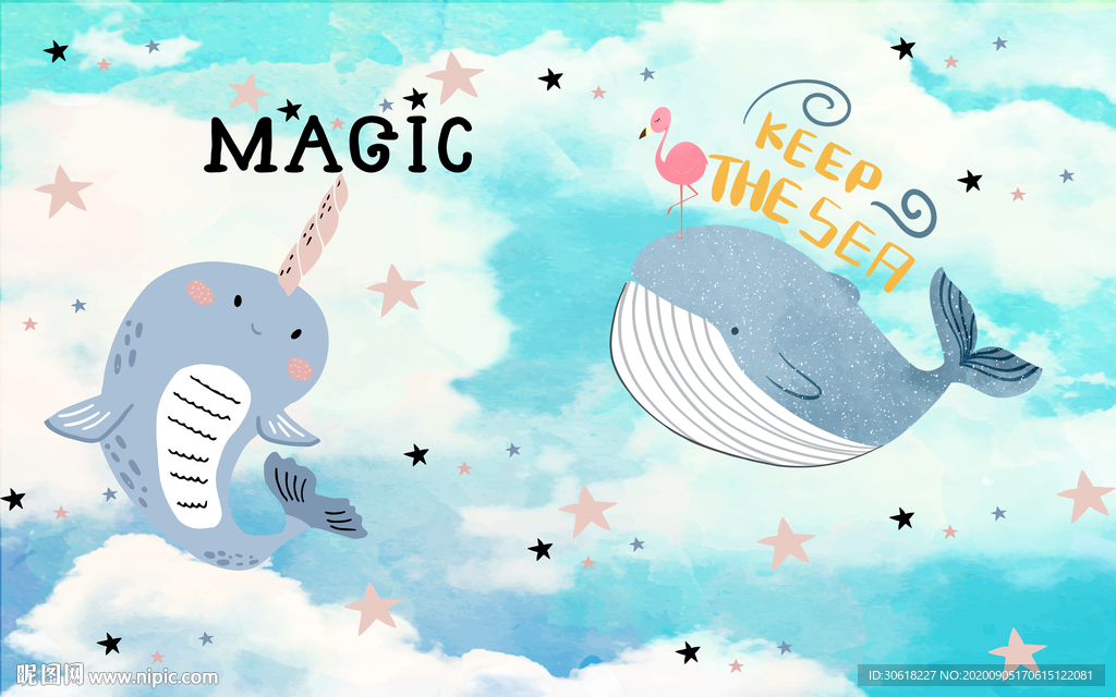 北欧手绘鲸鱼儿童房背景墙