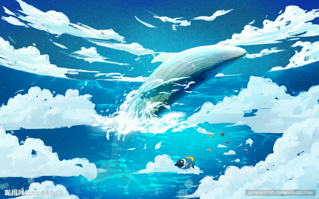 北欧手绘鲸鱼儿童房背景墙