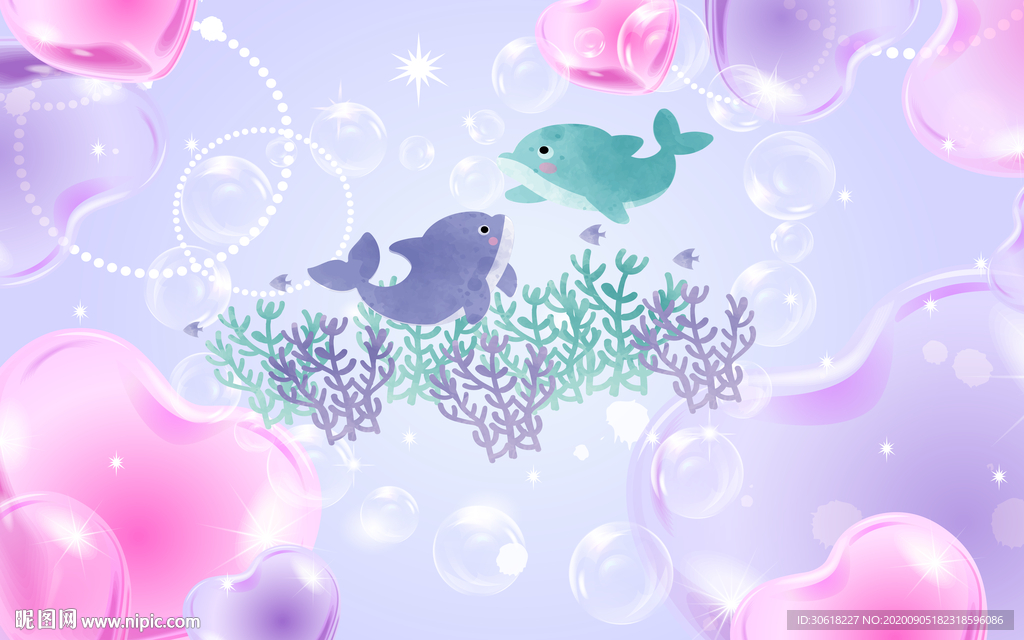 北欧手绘鲸鱼儿童房背景墙