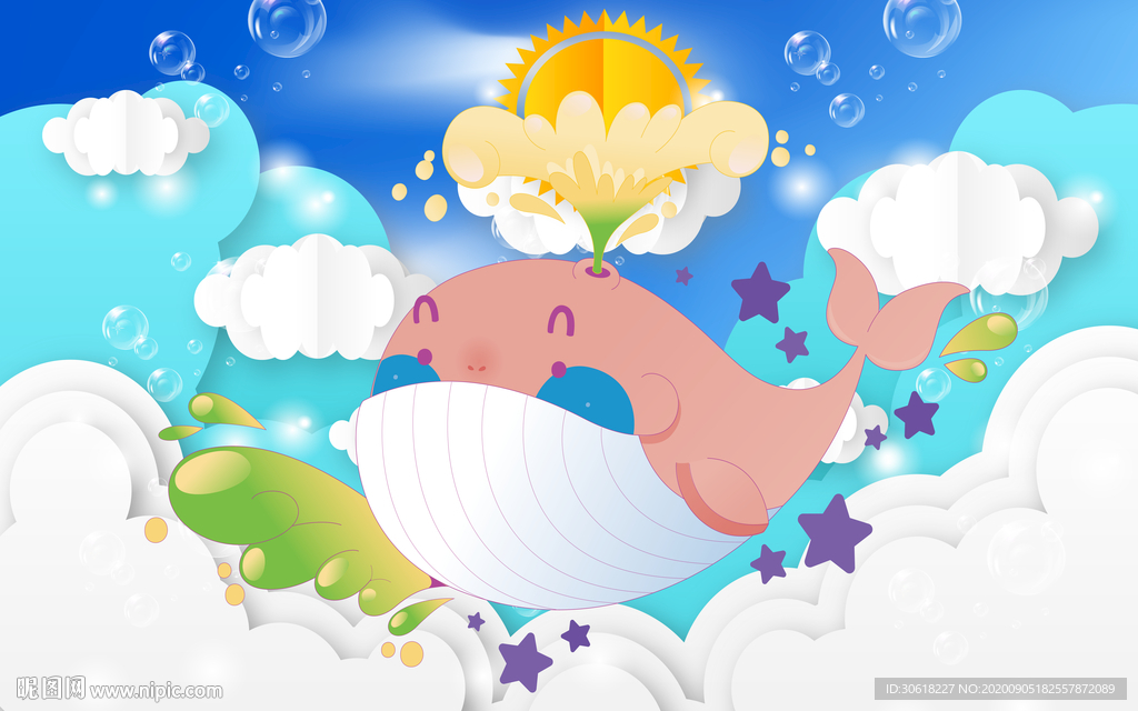 北欧手绘鲸鱼儿童房背景墙