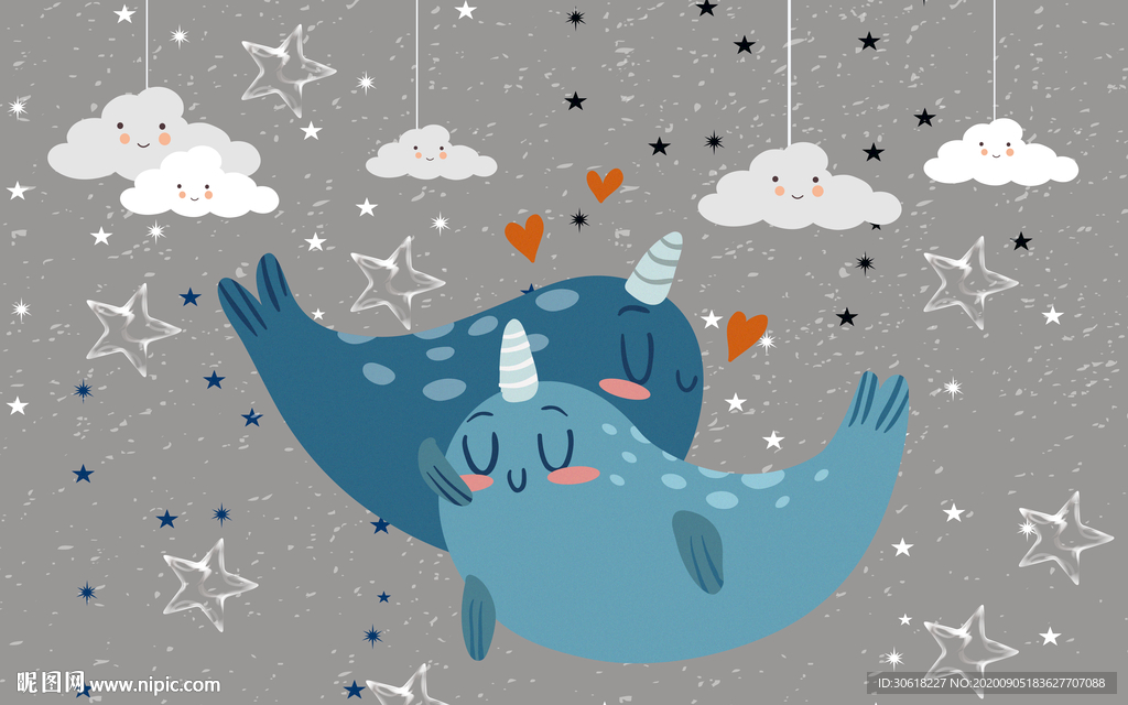 北欧手绘鲸鱼儿童房背景墙