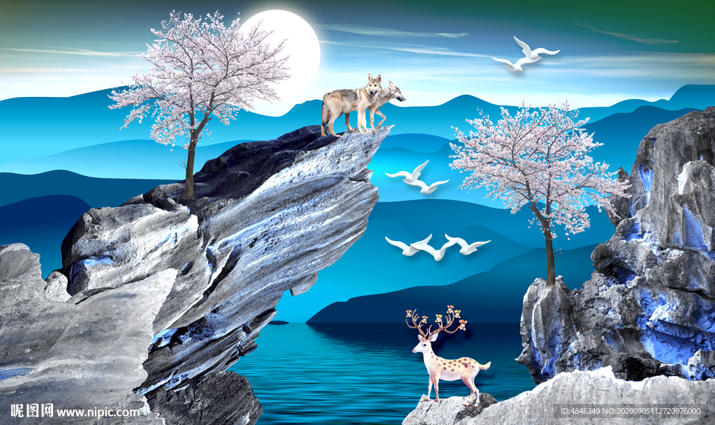 抽象水墨山水线条壁画背景