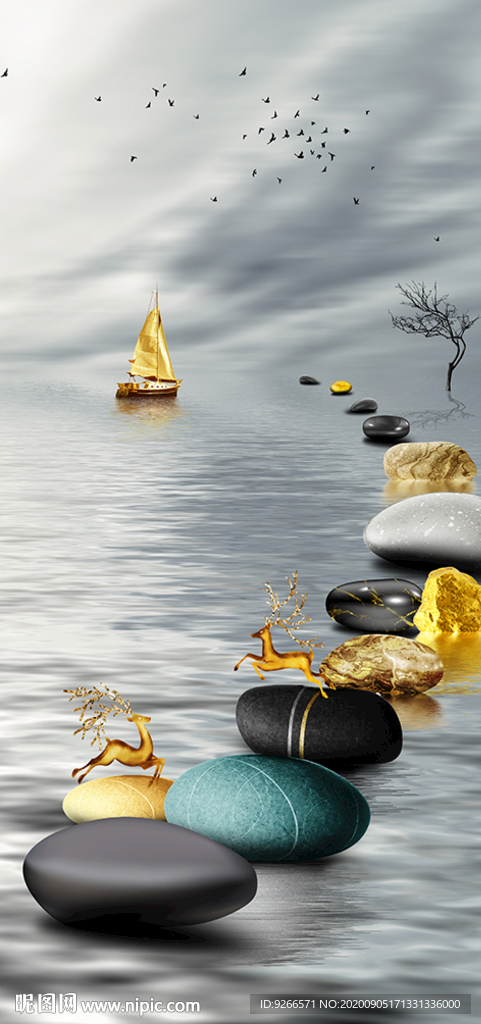 石来运转麋鹿玄关晶瓷画装饰画