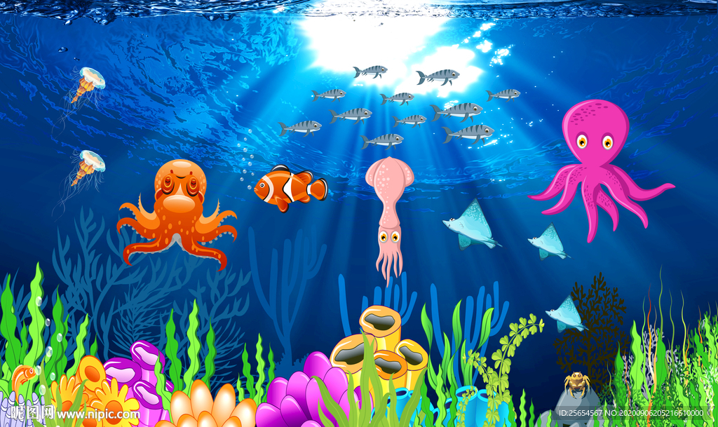 水下世界卡通海底世界儿童房背景