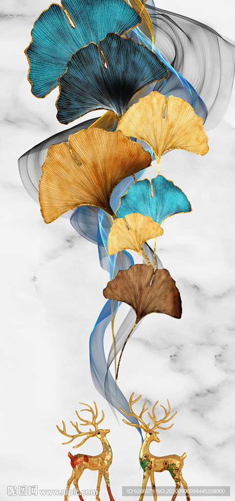 新中式麋鹿抽象玄关晶瓷画装饰画