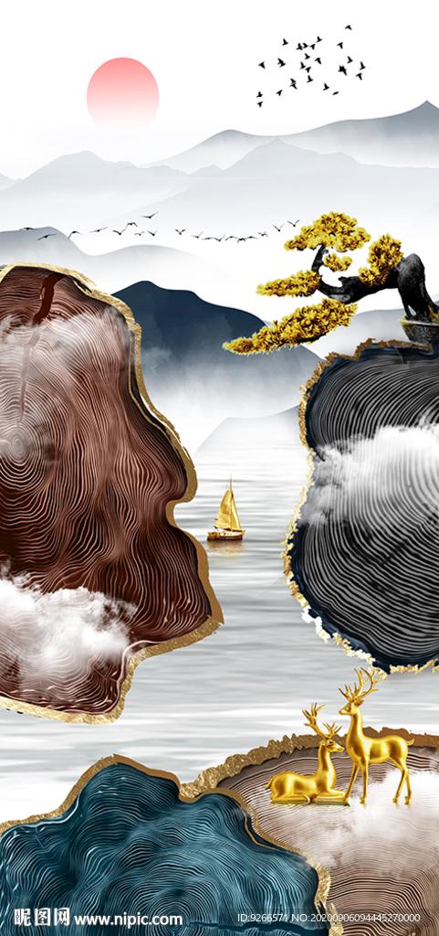 新中式麋鹿抽象玄关晶瓷画装饰画