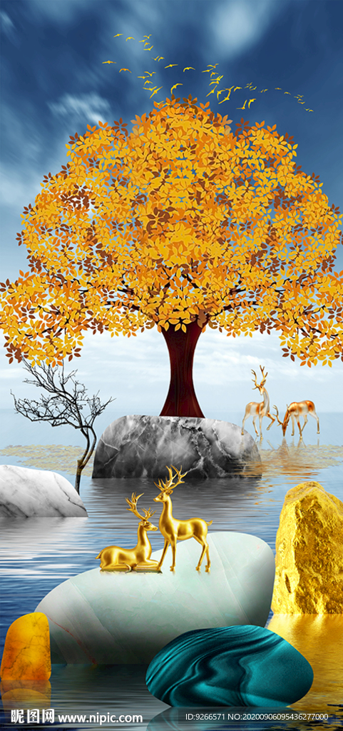 新中式麋鹿抽象玄关晶瓷画装饰画